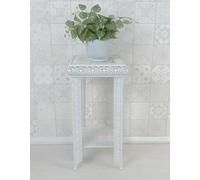 Downton Interiors White Embossed Metal Mirrored Glass Side Table with Shelf - Agadir Range | Size: Medium Downton Interiors White M