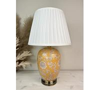 DOWNTON INTERIORS Yellow Chinese Oriental Ceramic Porcelain Table Lamp with Off White Floral Pattern (G2115) (White Pleated Shade)