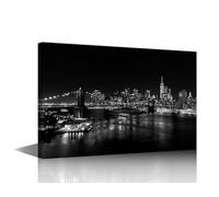 Downtown Manhattan Skyline Black and White Wall Art Canvas Art Prints Brooklyn Bridge Night View Pictures Prints On Canvas Cityscape Wall Decorations for Living Room Framed Ready to Hang 18x12 in