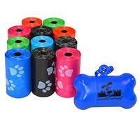 Downtown Pet Supply 220 Pet Waste Bags, Dog Waste Bags, Bulk Poop Bags on a roll, Clean up poop bag refills - (Color: Rainbow of Colors with Paw Prints) + FREE Bone Dispenser, by Pet Supply City LLC