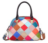 Downupdown Genuine Leather Handbags Women Top Handle Handbags Multicolor Square Splice Satchel Bag Tote Purse with Long Strap, Multicolor-1, One Size