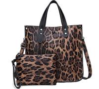 Downupdown Women Handbags and Purse Animal-print Leather Shoulder Bag Satchel Handbag Ladies Tote Bag for Work 2Pcs Set, Brown, One Size