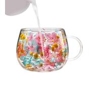 dowuiii Double Walled Glass Coffee Mugs | 250ML Colorful Petals Whiskey Mugs - with Handle Insulated Dried Flower Double Wall Cup | for Home Office Bar Cold Iced Tea Hot Water