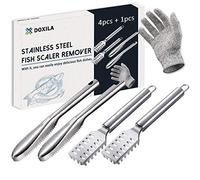 DOXILA Fish Scale Remover, 4PCS Stainless Steel Fish Scale Cleaner Scraper with Glove, Saw Tooth Fish Cleaning Brush Peeling Descaler Kit, Kitchen Cooking Prepare Tools, Easier & Faster Scaling