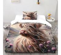 DOXLITVT Highland Cow Bedding Set 3D Digital Printing Animal Theme Wildlife Duvet Cover Set Chic Breathable Quilt Cover for Boys & Girls with Pillow Single（135x200cm）
