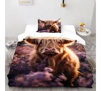 DOXLITVT Highland Cow Purple Bedding Set 3D Design Animal Themes Wildlife Duvet Cover Set Microfiber Quilt Cover Suitable for Family,couple,children with Pillow Single(135x200cm)