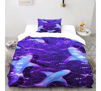 DOXLITVT Sharks Purple Bedding Set 3D Digital Printing Animal Theme Marine Animals Duvet Cover Set 2 Pieces Microfiber Quilt Cover Suitable for Family,couple,children with Pillow Single(135x200cm)