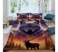 DOXLITVT Wolf Deer Bedding Set 3 Pieces 3D Digital Printing Animal Theme Wildlife Duvet Cover Set Chic Breathable Comforter Cover Girl Woman with Pillowcase King（220x240cm）