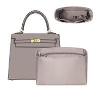 Doxo Satin Purse Organizer Insert for Hermes Kelly 28, Etoupe Grey | Kelly 28 Insert, 6 Compartments, YKK Zipper, Keychain, Waterproof, Lightweight, Liner Shaper, Protects Interior, Easy Install
