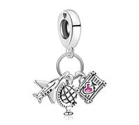 Doyafer Airplane Globe Luggage Tour 3-in-1 Pendant 925 Sterling Silver Charm Fit Women's Necklace Bracelet Gift For Friends