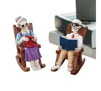 doyandader Skeleton Couple Figurine, Rocking Chair with Skull Decoration, Resin Reading Figures, Decoration for Books, Fireplace, Halloween Home Accessory