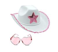 doyeozoowen White Cowboy Hat with Heart Glasses-Felt Pink Silver Edge Cowgirl Hat,Fits Most Girls & Women (White)