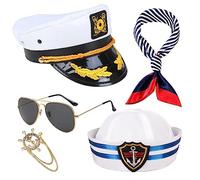 doyeozoowen Yacht Captain Hat Costume Accessories Set Sailor Hat Scarf Adjustable Boat Sailor Ship Skipper Cap w/t Aviator Sunglasses & Anchor Badge