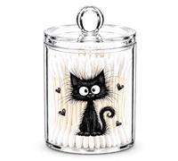 DoYoMo Fluffy Black Cat Cotton Swab Holder with Lid Clear Acrylic Canister