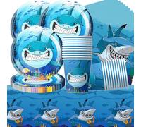 Doyomtoy 61-Piece Shark Party Tableware Set for 20 People, Includes Plates, Cups, Napkins, Tablecloth, Perfect for Children's Birthday Parties, Blue/White Shark Cartoon Theme