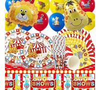 Doyomtoy 75 Pieces Circus Children's Birthday Tableware Set, Red and White Striped Tent, Party Decorations Circus Tableware Plates, Cups, Napkins, Balloons, Tablecloths, Party Decorations