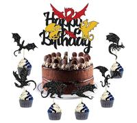 Doyomtoy Dragon Cupcake Toppers, Pack of 13 Black Glitter Cupcake Picks for Cupcake Toppers with Dragon Motif, for Dinosure Kids Birthday Baby Shower Party Decorations Accessories