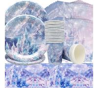 Doyomtoy Frozen Snow Party Tableware, Pack of 61 Snow Princess Castle Party Tableware, Ice Princess Castle Birthday Party Decoration, Tableware for New Year, Christmas, Celebration, Birthday, Picnic