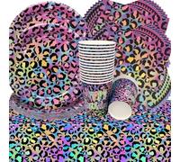 Doyomtoy Leopard Birthday Decoration, 61 Pieces Rainbow Neon Leopard Print Party Tableware Birthday Party Set Birthday Plates Cups Napkins Leopard Birthday for Children Baby Shower Decoration