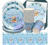 Doyomtoy Plush Bear Party Tableware, 61-Piece Set: 20 Cups, 20 Plates, 20 Napkins, 1 Tablecloth - Blue Bear Design for Children's Birthday Parties