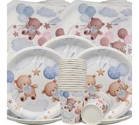 Doyomtoy Plush Bear Party Tableware, Pack of 60 Plush Bear Baby Shower Decoration, Bear Paper Plates Cups, Napkins Bear Birthday Decoration for Children's Birthday Party Decoration Baby Shower