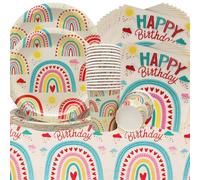 Doyomtoy Rainbow Boho Party Tableware, Pack of 61 Birthday Party Tableware, Boho Rainbow Tablecloth, Plates, Cups, Napkins, Rainbow Party Decoration, Baby Shower Party Accessories for Hippie Boho