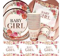 Doyomtoy Rose Petals Party Tableware, 61 Pieces Baby Shower Birthday Decoration Girls Birthday Flower Cups Napkins Tablecloth for Children's Birthday Party Decoration Baby Shower