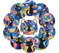 DOZEEZOP 10 PCS Diamond Art Coasters Kit, Cat Diamond Painting Coasters with Holder, Fall Diamond Art Kits for Adults Beginners, Arts and Crafts Supplies Black Astral Cat Animals