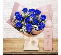 Dozen Blue Rose Bouquet - Beautiful Fresh Flowers - Next Day Prime Delivery - Perfect for Birthdays, Anniversaries, and Thank You Gifts (+ Diffuser)