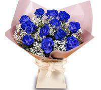 Dozen Blue Rose Bouquet - Beautiful Fresh Flowers - Next Day Prime Delivery - Perfect for Birthdays, Anniversaries, and Thank You Gifts