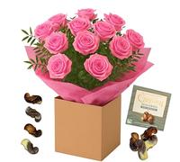 Dozent Hot Pink Roses Fresh Flower Bouquet - Chocolate Gift Arrangement for Birthday, Anniversary, Mother's Day, Thanksgiving, Celebration, Housewarming, Indoor Floral Decor (Chocolate)