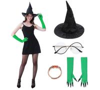 Dozesheep 4 Pcs Wicked Witch Halloween cosplay Costumes, Witch Hat Glasses Ring Green Gloves Halloween Carnival Party