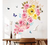Dozesheep Romantic Rose Flower Wall Decals, Large Floral Wall Stickers with Butterfly Bee Accents for Kitchen, Bedroom, Living Room, Dining Area, Modern Home Styling