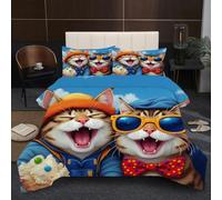 Dozrmey 3D Comforter Set Double | Cat Wearing a Hat, Duvet 1.8kg + 2 Pillowcases 200x200-50x75 cm, Evenly Distributed Cotton Fill, Ultra-Soft Microfiber for Shared Comfort