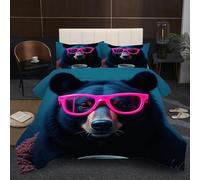 Dozrmey 3D Comforter Set Double | Glasses-Wearing Black Bear, Duvet 1.8kg + 2 Pillowcases 200x200-50x75 cm, Evenly Distributed Cotton Fill, Ultra-Soft Microfiber for Shared Comfort