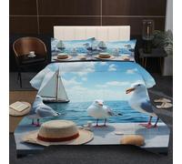 Dozrmey 3D Comforter Set Double | Seagull with Hat, Duvet 1.8kg + 2 Pillowcases 200x200-50x75 cm, Evenly Distributed Cotton Fill, Ultra-Soft Microfiber for Shared Comfort