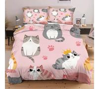 Dozrmey Double Bedding Duvet Set 200x200 Pink Cartoon Cat, 120gsm Soft Microfiber Duvet Cover Sets Bed with 2 Pillowcases, Double Quilt Cover with Zipper Closure for Adults Teens
