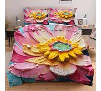 Dozrmey Double Bedding Duvet Set 200x200 Pink Oil Painting Flower, 120gsm Soft Microfiber Duvet Cover Sets Bed with 2 Pillowcases, Double Quilt Cover with Zipper Closure for Adults Teens