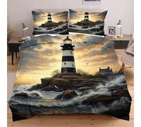 Dozrmey Double Bedding Duvet Set Lighthouse By the Sea, Easy Care Reversible Quilt Covers for Teens Adults - 1 Quilt Covers (78" x 78") with Zipper Closure + 2 Pillowcases (19" x 29")