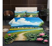 Dozrmey Duvet Set Single | Green Landscape, Cloud-Like 200GSM Natural Cotton Fill, Ultra-Soft Microfiber Cover for Breathability, All-Season Use, 1 Quilt 53" x 79" with 2 Pillowcases A3