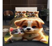 Dozrmey King Duvet Set 2.4kg | Cat and Dog, Reinforced U-shaped Quilting, 200GSM High-Loft Cotton, Durable Microfiber Resists Pilling Over Time, 3D Quilt 94" x 86" B175