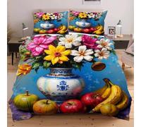Dozrmey Single Duvet Cover Set Flowers and Fruits, Soft Microfiber Bedding Single Bed Cover Set for Boys Girls, Breathable Quilt Cover with Zipper Closure + 2 Pillowcases (19"x29" - 53"x79")