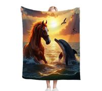 Dozrmey Throw Blankets Single Size Horse and Dolphin, Warm Microfiber Fluffy Flannel Blanket Single Size 50" x 60" for All Season, Elegant Home Decoration for Couch Sofa Bed C62