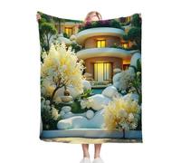 Dozrmey Throw Blankets Single Size Villa Landscape, Warm Microfiber Fluffy Flannel Blanket Single Size 50" x 60" for All Season, Elegant Home Decoration for Couch Sofa Bed