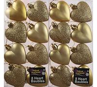 DP Set Of 16 Glitter And Matt GOLD Hearts Christmas Tree Baubles Decorations