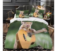 DPEOANEBN cute pig playing guitar 3D Printing Quilt Cover 3-Piece Microfiber Hidden Zipper Teens animal music theme Duvet Cover 2 Pillowcases Machine Washable Home Decor Kids Boys Single（140x200cm）