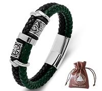 DPGOLDP Viking Leather Bracelet with Stainless Steel Celtic Knot & Vegvisir Runes Beaded Amulet Bracelets for Men Women,Black Green,185mm