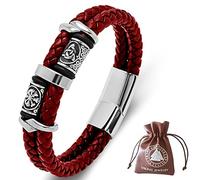 DPGOLDP Viking Leather Bracelet with Stainless Steel Celtic Knot & Vegvisir Runes Beaded Amulet Bracelets for Men Women,Red,185mm