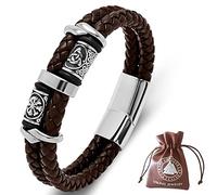 DPGOLDP Viking Leather Bracelet with Stainless Steel Celtic Knot & Vegvisir Runes Beaded Amulet Bracelets for Men Women,Brown,205mm