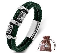 DPGOLDP Viking Leather Bracelet with Stainless Steel Celtic Knot & Vegvisir Runes Beaded Amulet Bracelets for Men Women,Green,185mm